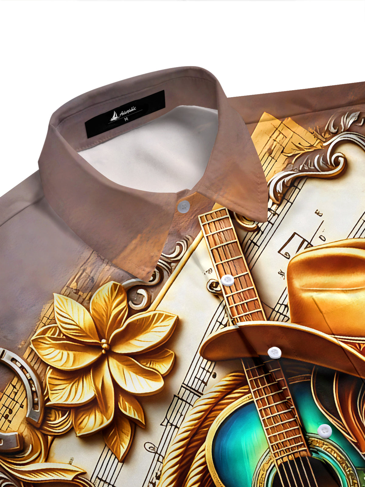 Adaychic Men's Vintage Style Western Guitar Print Short Sleeve Shirt with Chest Pocket