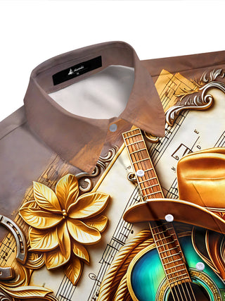 Adaychic Men's Vintage Style Western Guitar Print Short Sleeve Shirt with Chest Pocket