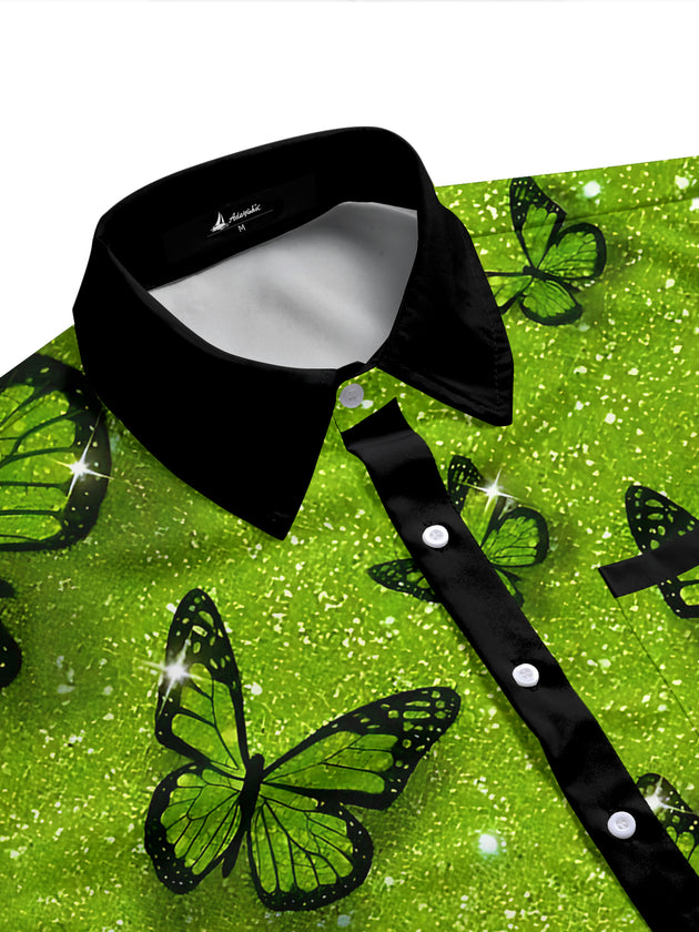 Adaychic Men's Hawaiian Green Glitter Butterfly Pattern Short Sleeve Shirt with Chest Pocket