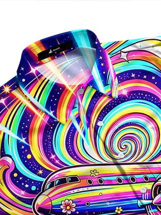 Adaychic Men's Graphic Rainbow Airplane Print Swirl Pattern Long Sleeve Shirt with Chest Pocket