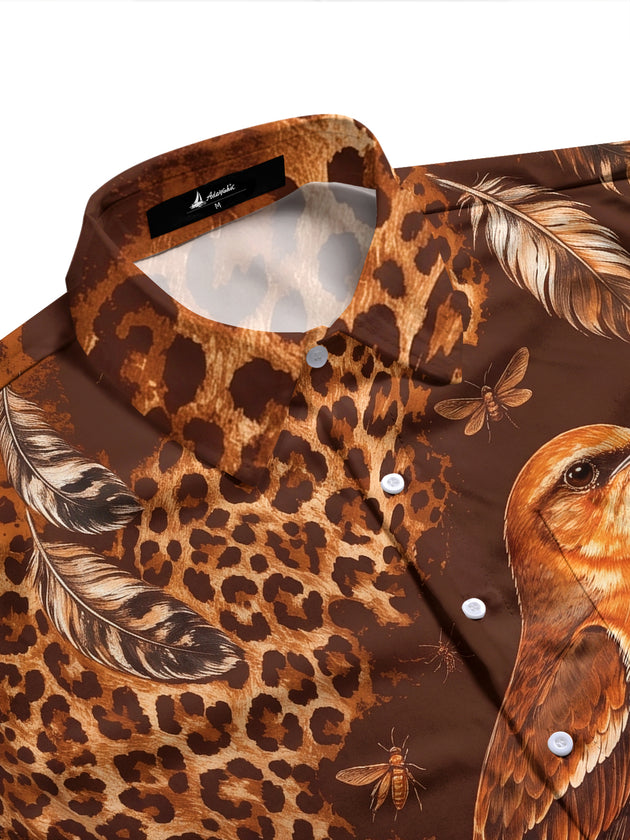 Adaychic Men's Printed Bird And Leopard Print Long Sleeve Shirt with Chest Pocket