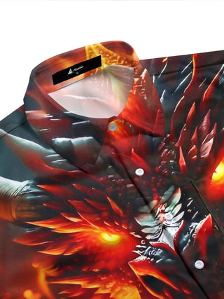 Adaychic Men's Graphic Fire Dragon Print Glowing Eyes Print Short Sleeve Shirt with Chest Pocket