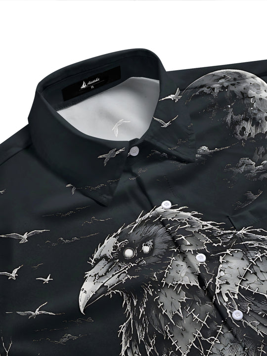 Adaychic Men's Graphic Halloween Crow And Moon Print Short Sleeve Shirt with Chest Pocket
