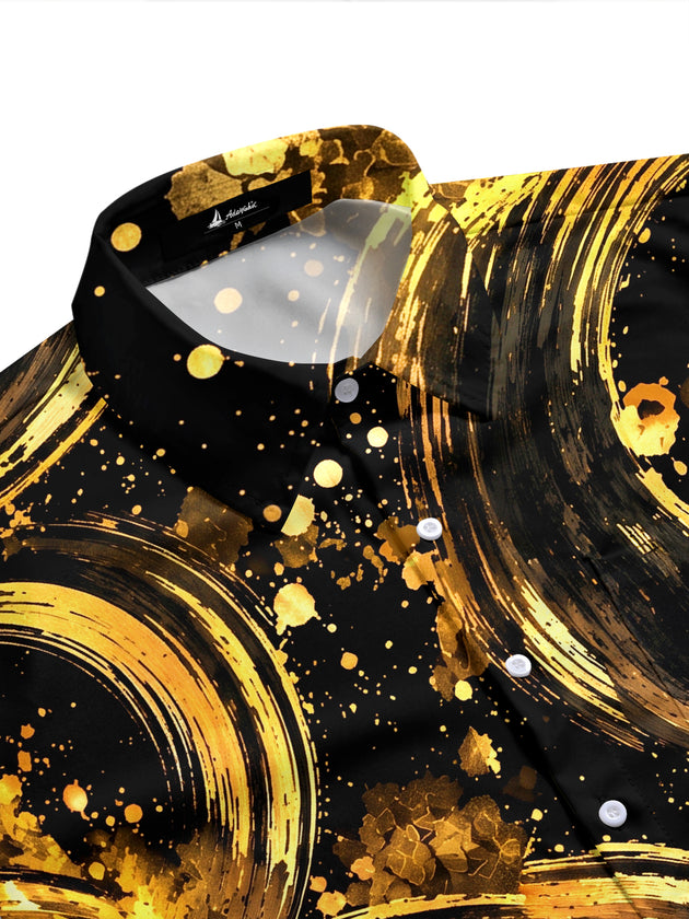 Adaychic Men's Short Sleeve Shirt - Abstract Gold And Black Swirls With Splatters Print with Chest Pocket