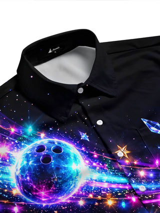 Adaychic Men's Short Sleeve Shirt - Crystal Bowling Pins And Bowling Ball With Christmas Ornaments Print with Chest Pocket