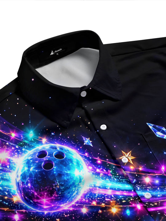 Adaychic Men's Short Sleeve Shirt - Crystal Bowling Pins And Bowling Ball With Christmas Ornaments Print with Chest Pocket