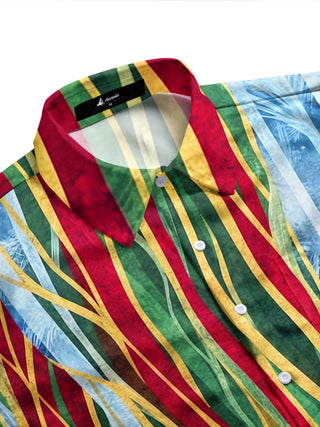 Adaychic Men's Christmas Ice Texture Color Stripe Print Long Sleeve Shirt with Chest Pocket