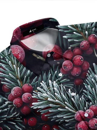Adaychic Men's Long Sleeve Shirt - Christmas Frosted Pine Needles And Red Berries Print with Chest Pocket