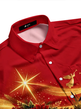 Adaychic Men's Nativity Scene With Poinsettias And Star Print Long Sleeve Shirt with Chest Pocket