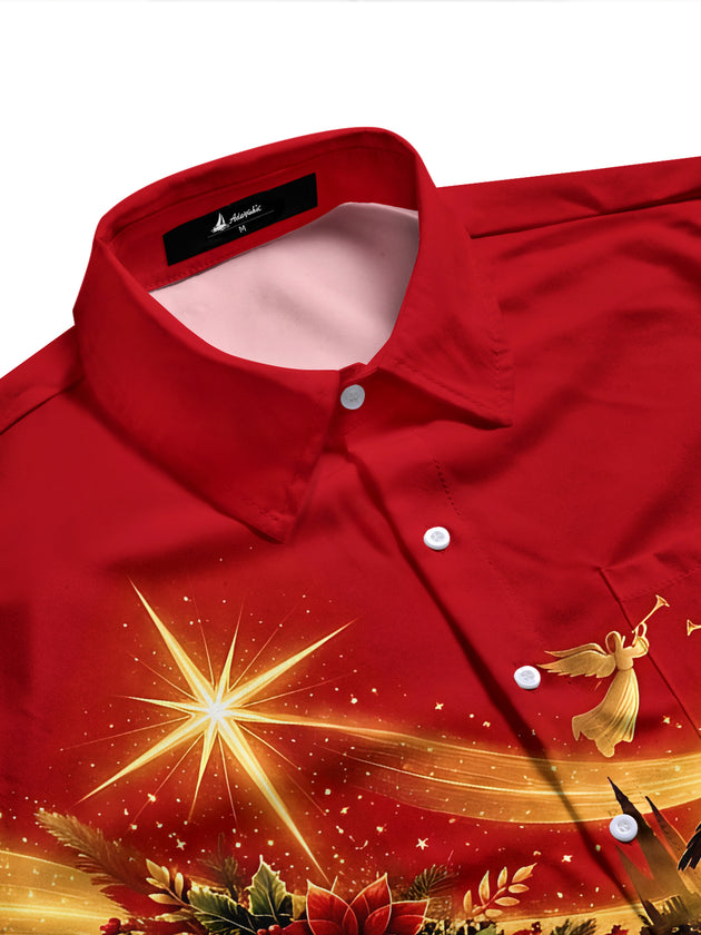 Adaychic Men's Nativity Scene With Poinsettias And Star Print Long Sleeve Shirt with Chest Pocket