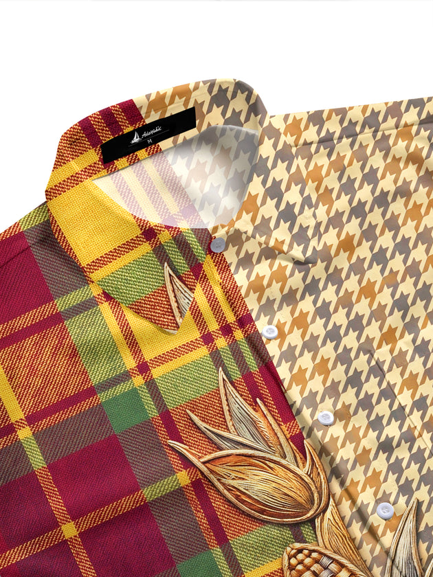 Adaychic Men's Autumn Autumn Harvest Corn And Pumpkin Print Short Sleeve Shirt with Chest Pocket