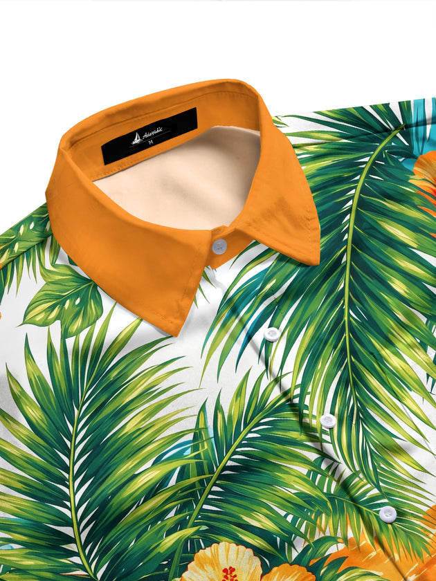 Adaychic Men's Hibiscus Flowers And Palm Leaves Print Long Sleeve Shirt with Chest Pocket