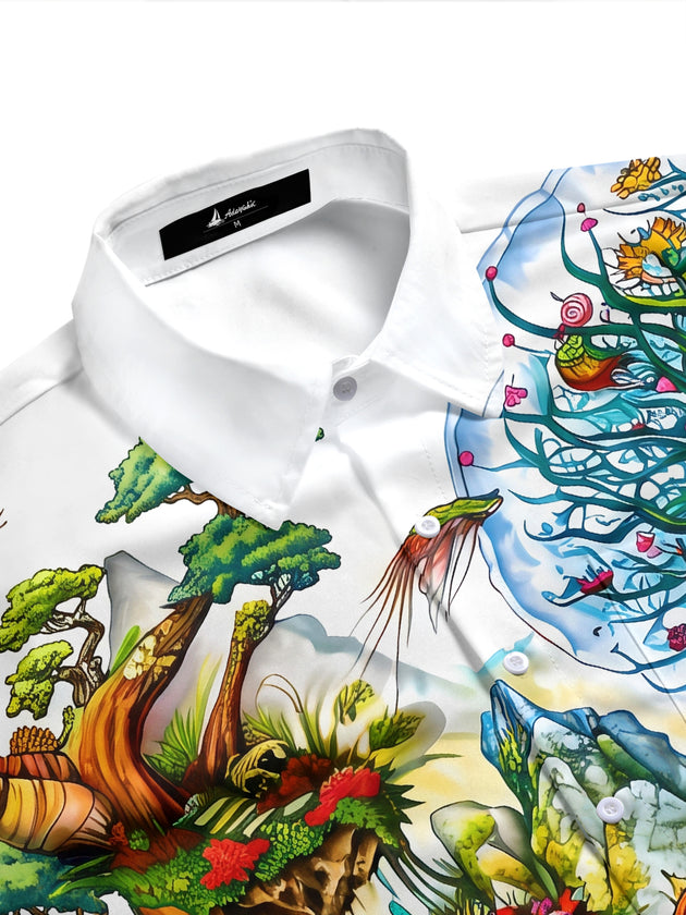Adaychic Men's Hawaiian Fantasy Landscape Print Short Sleeve Shirt with Chest Pocket