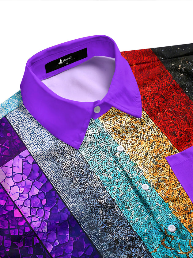 Adaychic Men's Printed Colorful Mosaic Crack Collage Print Long Sleeve Shirt with Chest Pocket