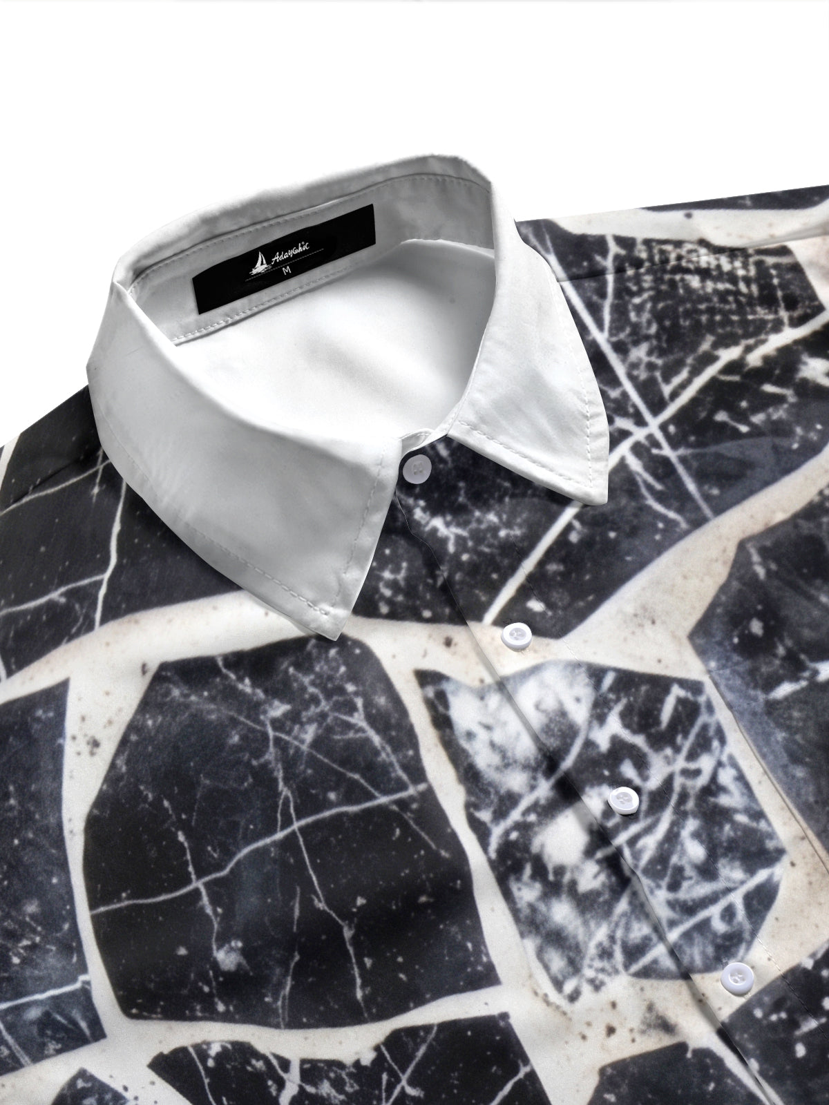 Adaychic Men's Patterned Black And White Marble Crack Print Short Sleeve Shirt with Chest Pocket