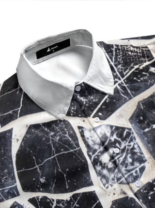 Adaychic Men's Patterned Black And White Marble Crack Print Short Sleeve Shirt with Chest Pocket