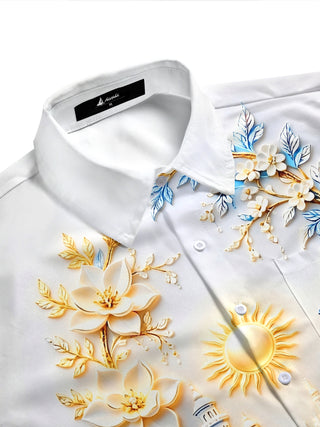 Adaychic Men's Printed Peacock Print Floral Relief Print Short Sleeve Shirt with Chest Pocket