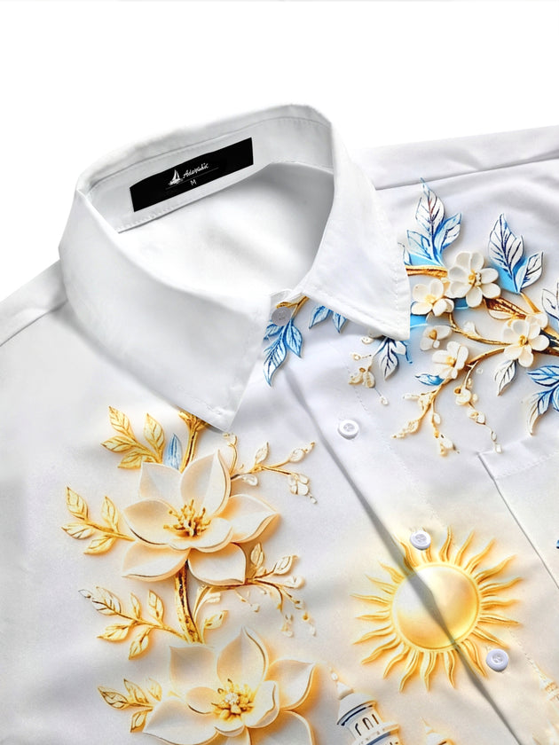 Adaychic Men's Printed Peacock Print Floral Relief Print Short Sleeve Shirt with Chest Pocket