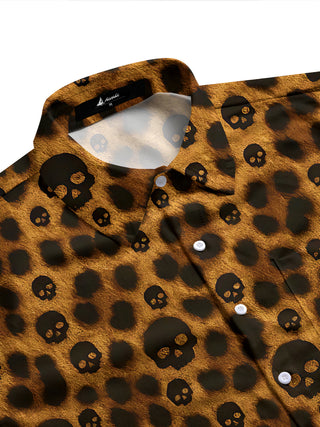 Adaychic Men's Printed Leopard Print Skull Motif Print Long Sleeve Shirt with Chest Pocket