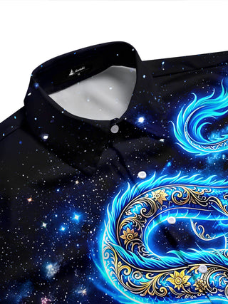 Adaychic Men's Graphic Blue Dragon Print Short Sleeve Shirt with Chest Pocket