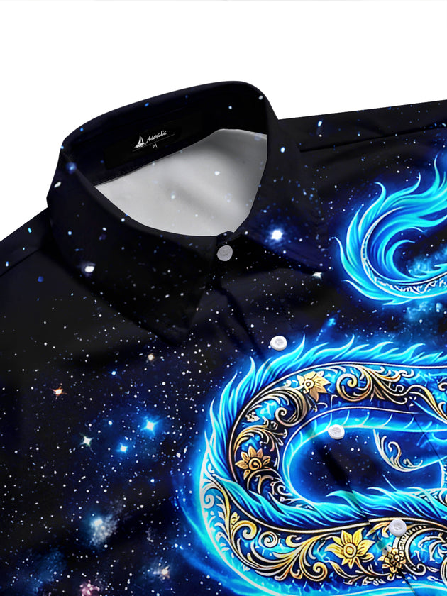 Adaychic Men's Graphic Blue Dragon Print Short Sleeve Shirt with Chest Pocket