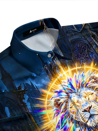 Adaychic Men's Graphic Crystal Lion Print Short Sleeve Shirt with Chest Pocket