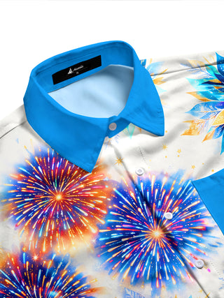 Adaychic Men's Fourth Of July Fireworks And Poinsettia Print Long Sleeve Shirt with Chest Pocket