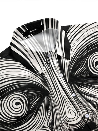 Adaychic Men's Geometric Abstract Face Swirl Print Short Sleeve Button Down Shirt with Chest Pocket