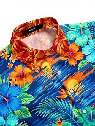 Adaychic Men's Hawaiian Floral Tropical Hibiscus Parrot Sunset Print Long Sleeve Button Down Shirt with Chest Pocket