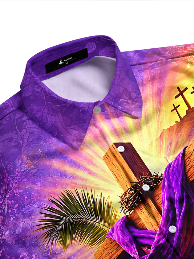 Adaychic Men's Long Sleeve Shirt - Easter Christian Resurrection Scene With Cross And Empty Tomb Print with Chest Pocket