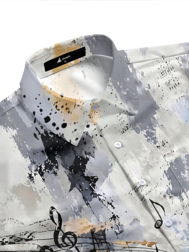 Adaychic Men's Hawaiian Musical Notes Print Short Sleeve Shirt with Chest Pocket