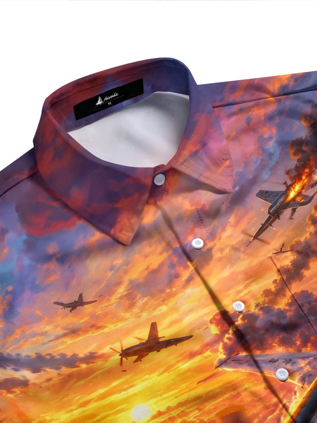 Adaychic Men's Printed Vintage Airplanes And Sunset Sky Print Long Sleeve Shirt with Chest Pocket