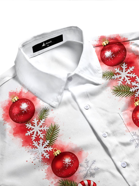 Adaychic Men's Christmas Ornaments And Candy Canes Print Long Sleeve Shirt with Chest Pocket