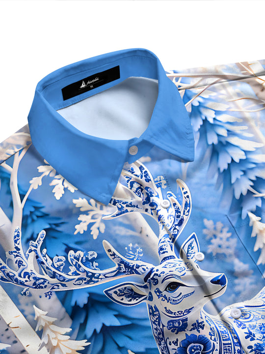 Adaychic Men's Graphic Blue And White Porcelain Elk Print Long Sleeve Shirt with Chest Pocket