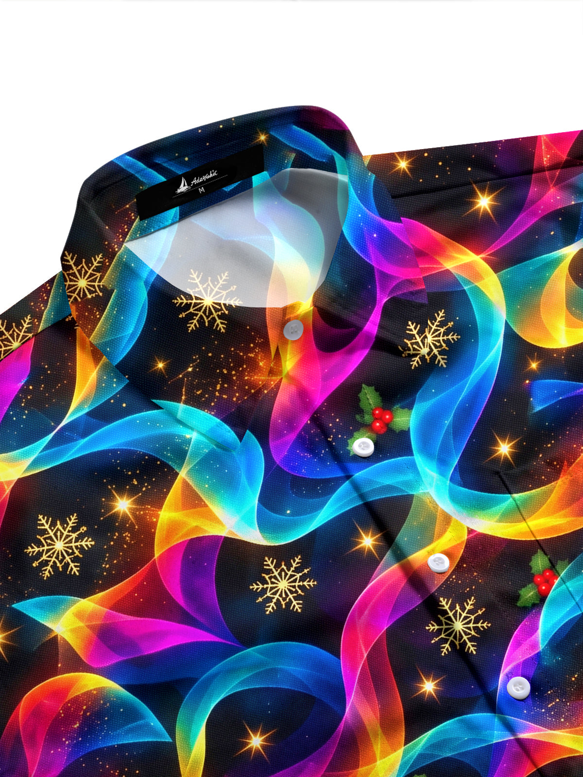 Adaychic Men's Printed Christmas Holly and Colorful Waves Print Long Sleeve Shirt with Chest Pocket