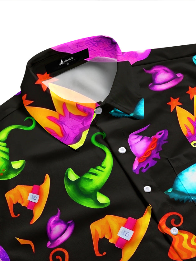 Adaychic Halloween Magic Hats Men's Short Sleeve Shirt with Chest Pocket
