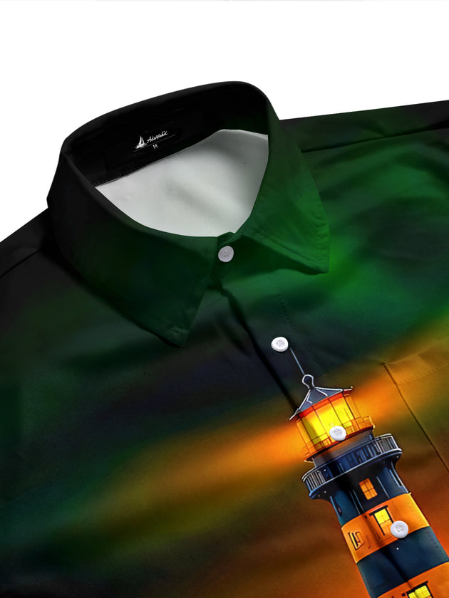 Adaychic Men's Graphic Lighthouse Sunset Print Short Sleeve Shirt with Chest Pocket