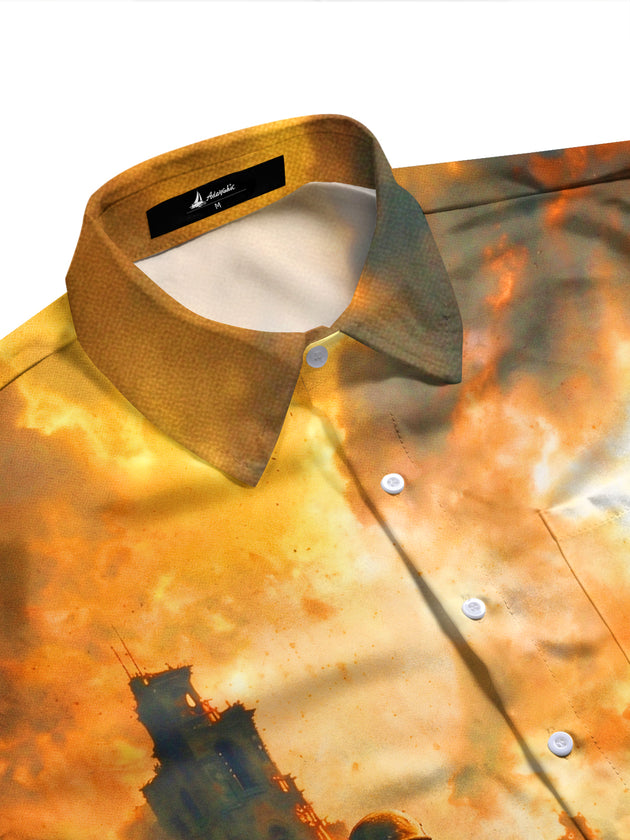 Adaychic Men's Soldier And Armored Vehicle In War Ruins Print Long Sleeve Shirt with Chest Pocket