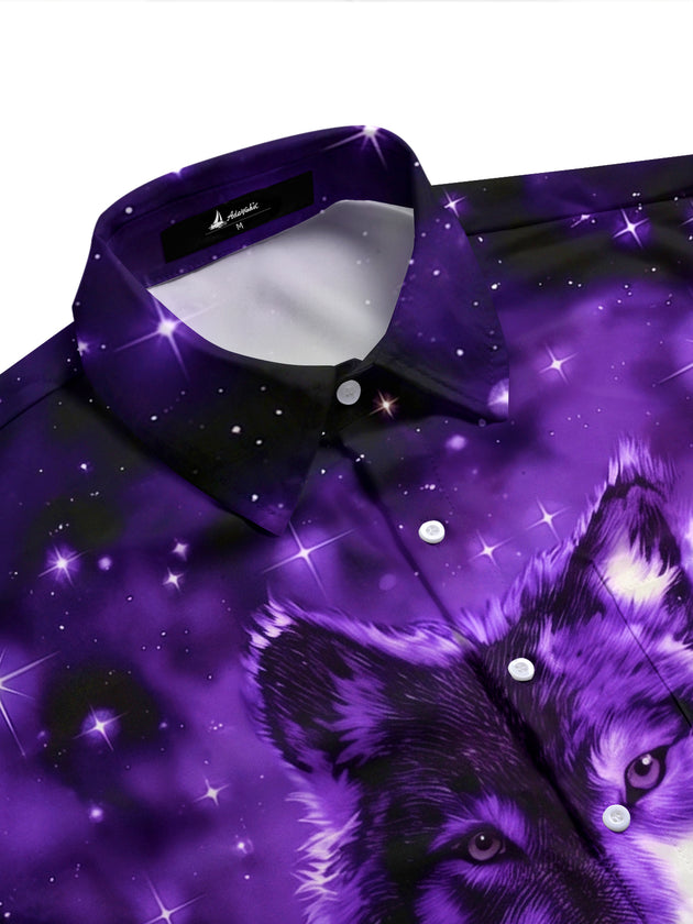 Adaychic Men's Graphic 3D Purple Wolf Moon Print Short Sleeve Button Down Shirt with Chest Pocket