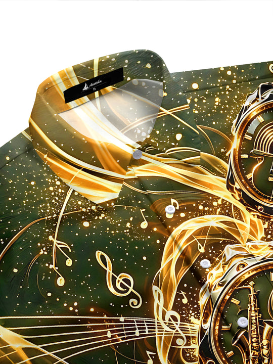 Adaychic Black Gold Music Clock Men's Short Sleeve Shirt with Chest Pocket