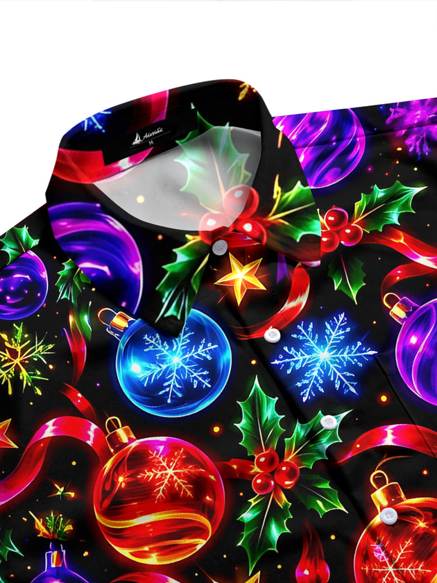 Adaychic Men's Graphic Christmas Ornaments And Holly Print Long Sleeve Shirt with Chest Pocket