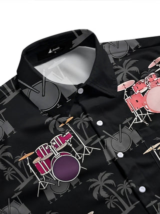 Adaychic Men's Hawaiian Drum Set Pattern Short Sleeve Shirt with Chest Pocket
