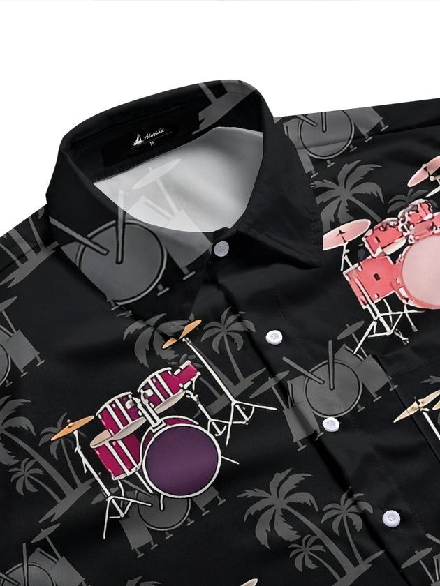 Adaychic Men's Hawaiian Drum Set Pattern Short Sleeve Shirt with Chest Pocket