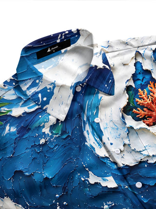 Adaychic Men's Hawaiian Coral Reefs And Tropical Leaves Print Long Sleeve Shirt with Chest Pocket