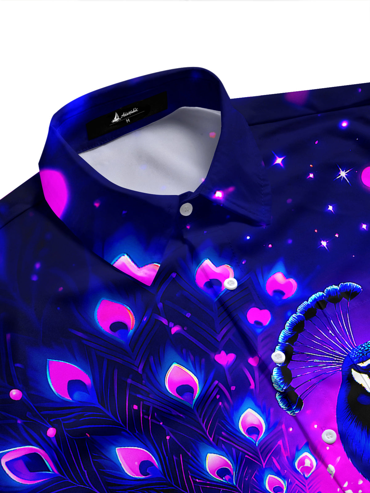 Adaychic Men's Hawaiian Neon Peacock Print Pink Hearts Print Short Sleeve Shirt with Chest Pocket