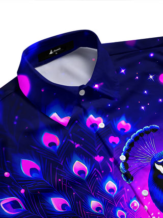 Adaychic Men's Hawaiian Neon Peacock Print Pink Hearts Print Short Sleeve Shirt with Chest Pocket