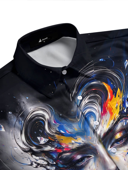 Adaychic Men's Short Sleeve Stand Collar Shirt - Abstract Surreal Face With Swirls And Crystals Print with Chest Pocket