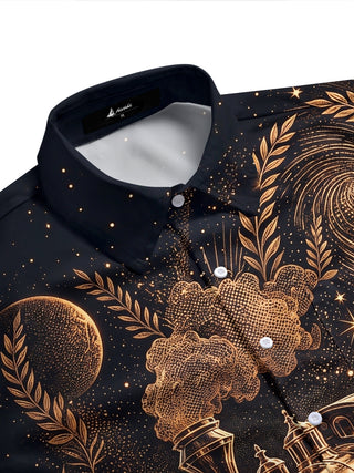 Adaychic Men's Printed Vintage Steam Train Print Short Sleeve Shirt with Chest Pocket