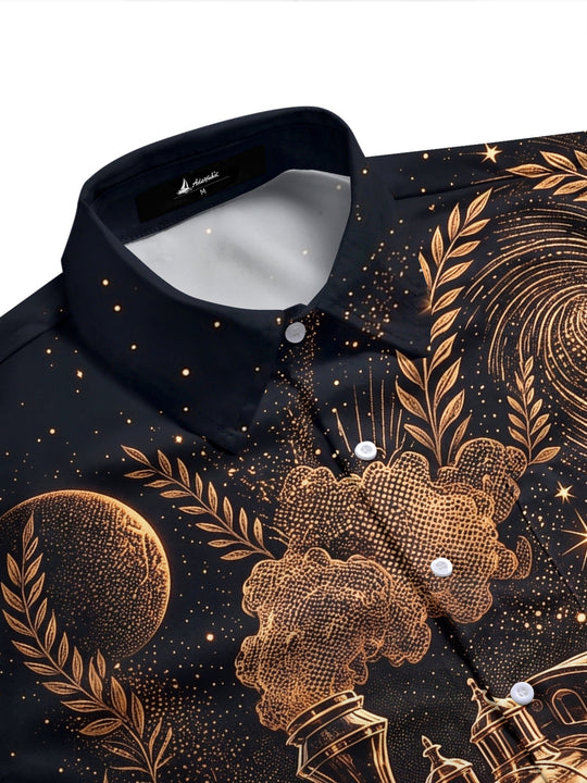 Adaychic Men's Printed Vintage Steam Train Print Short Sleeve Shirt with Chest Pocket