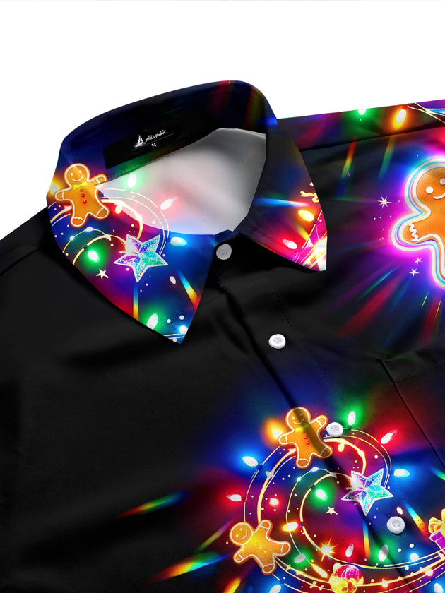 Adaychic Men's Graphic Gingerbread Man Print Long Sleeve Shirt with Chest Pocket
